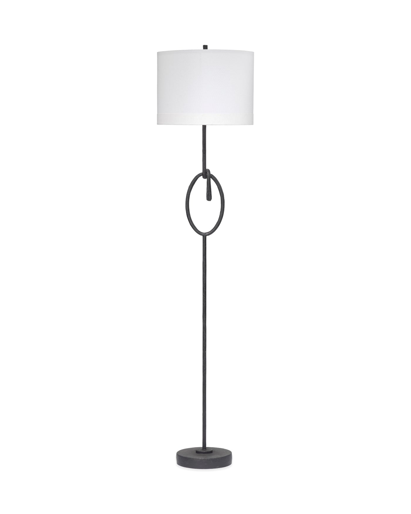 Knot Floor Lamp In Textured Charcoal Gesso on Metal With Oval Shade In White Linen