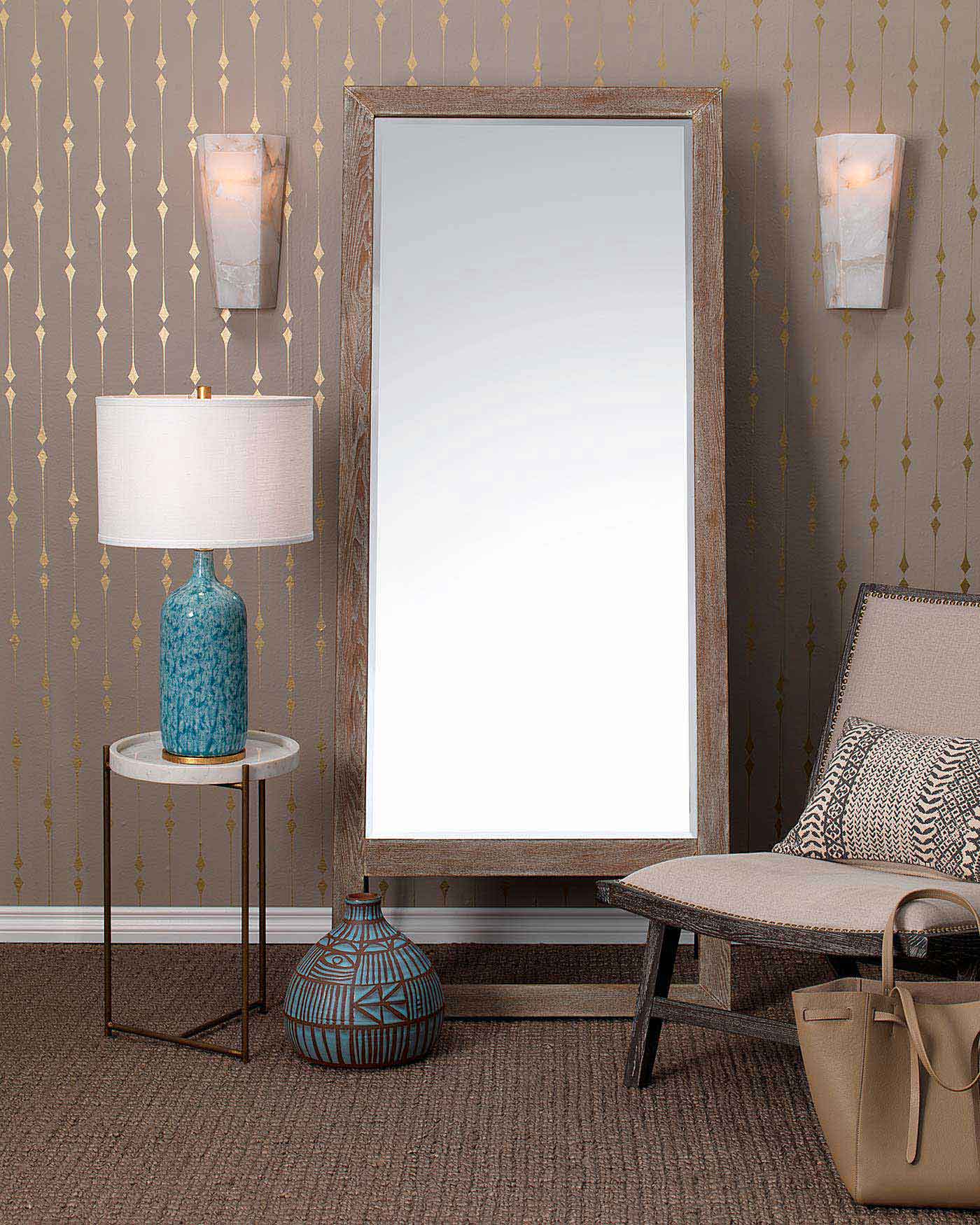 Madeline Table Lamp in Blue Ceramic With Medium Drum Shade in White Linen