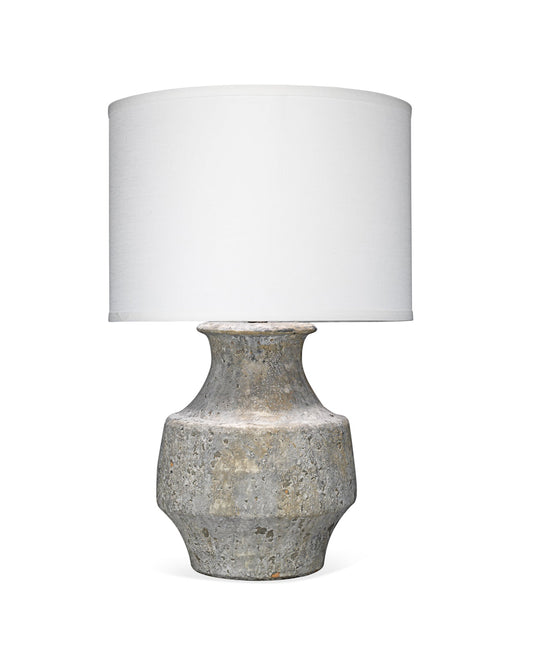 Masonry Table Lamp in Grey Ceramic With Classic Drum Shade in White Linen