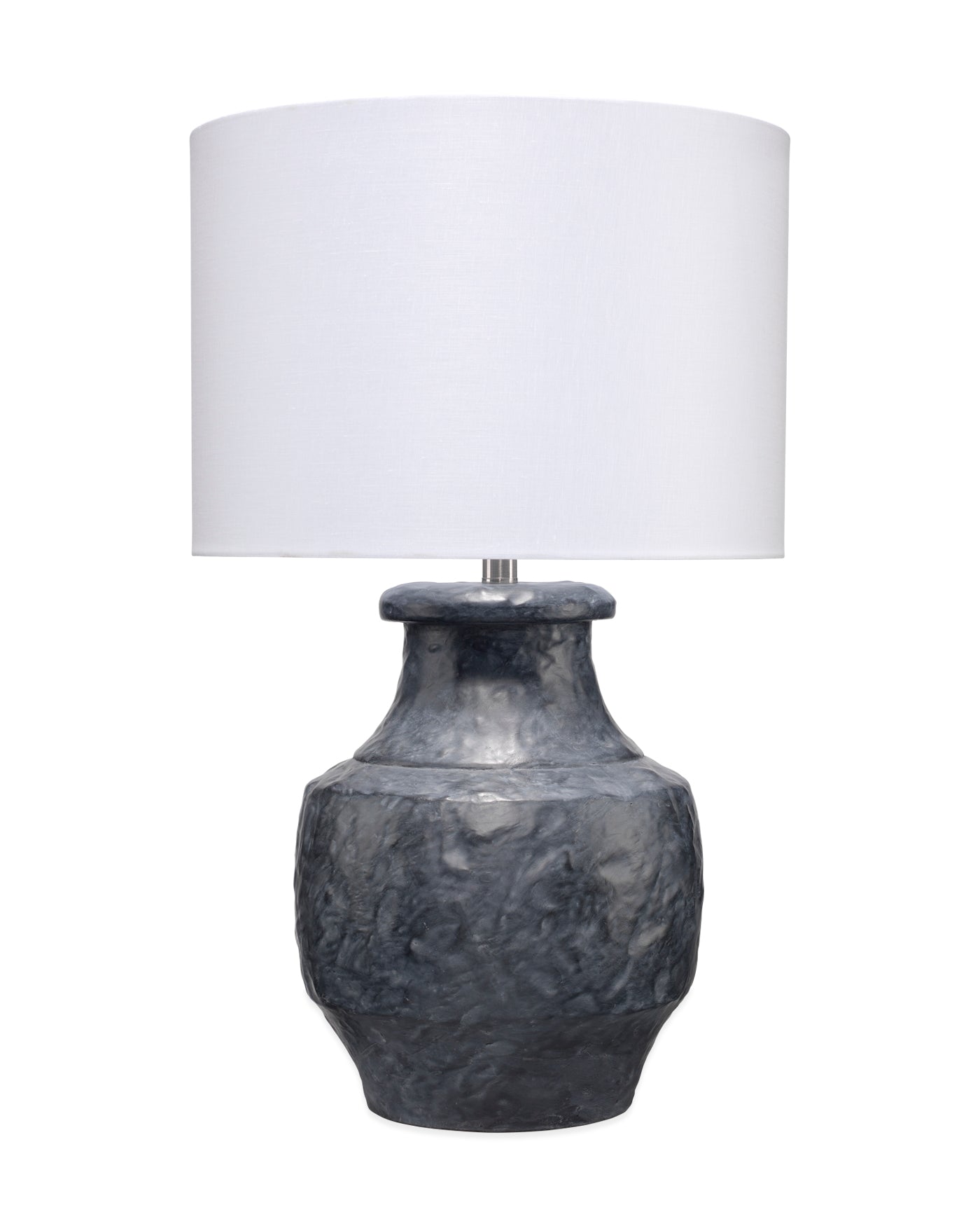 Masonry Table Lamp In Textured Charcoal Plaster With Drum Shade In White Linen