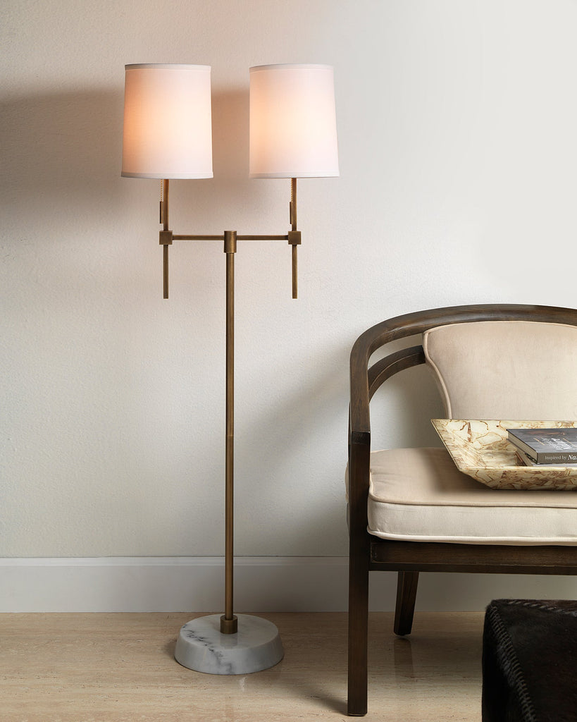 Minerva Twin Shade Floor Lamp in Antique Brass Metal & White Marble