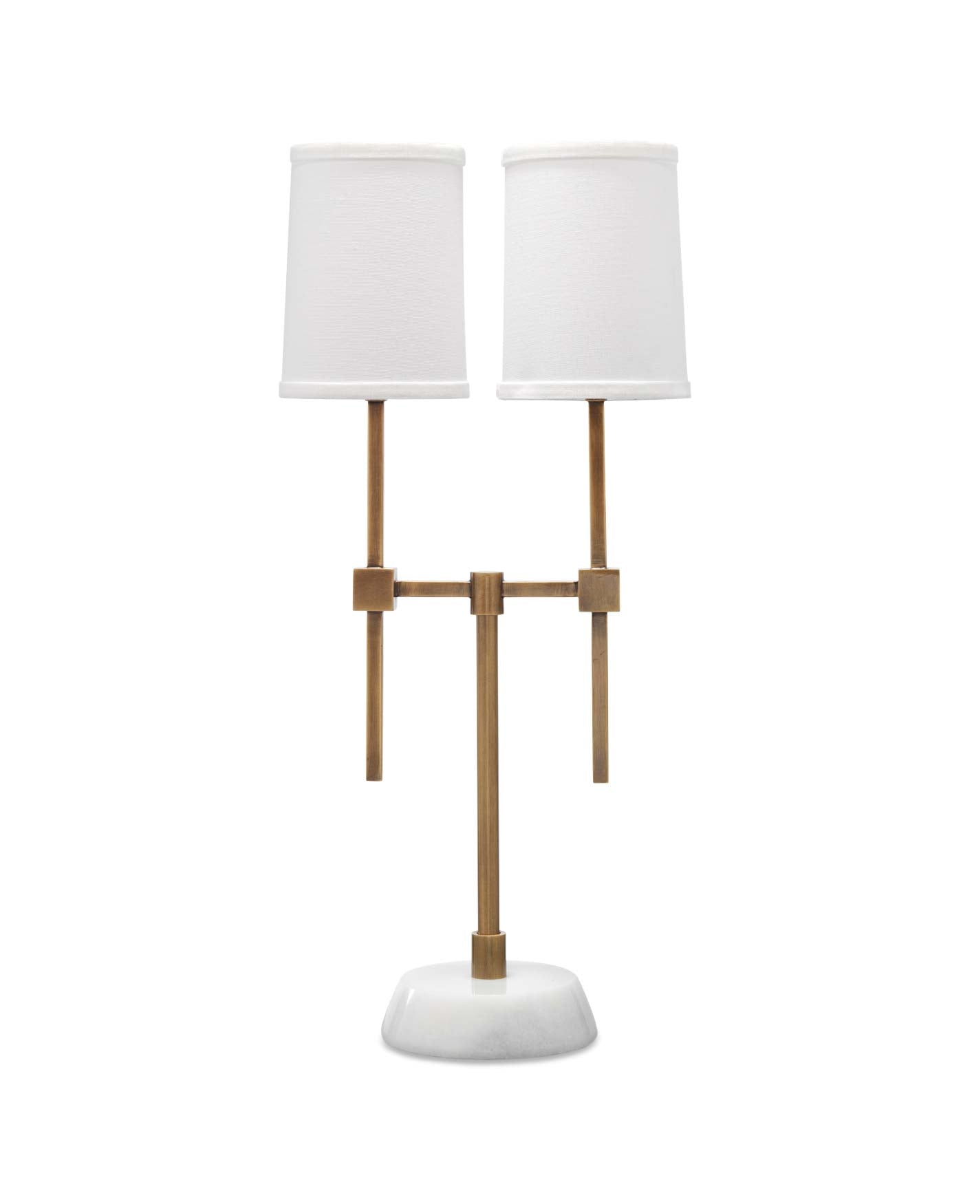 Minerva Twin Shade Console Lamp in Antique Brass & White Marble With Off White Linen  Drum Shade