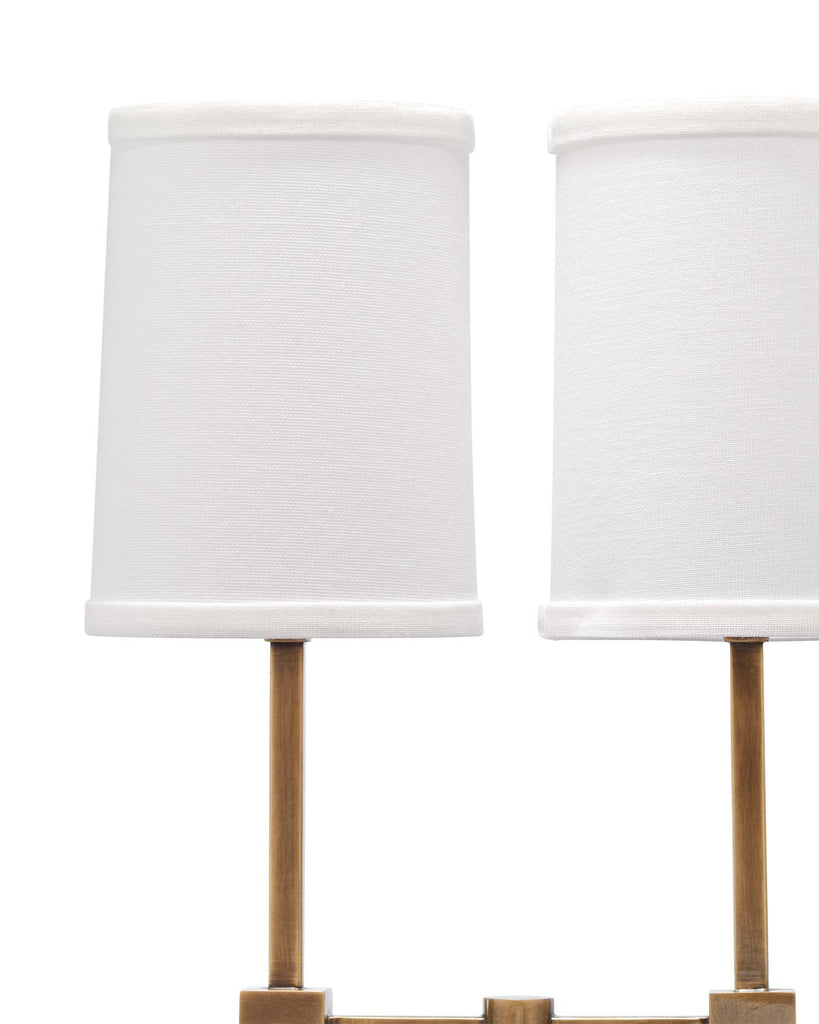 Minerva Twin Shade Console Lamp in Antique Brass & White Marble With Off White Linen  Drum Shade