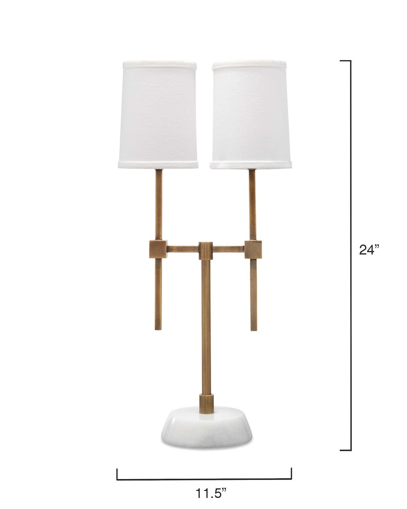 Minerva Twin Shade Console Lamp in Antique Brass & White Marble With Off White Linen  Drum Shade