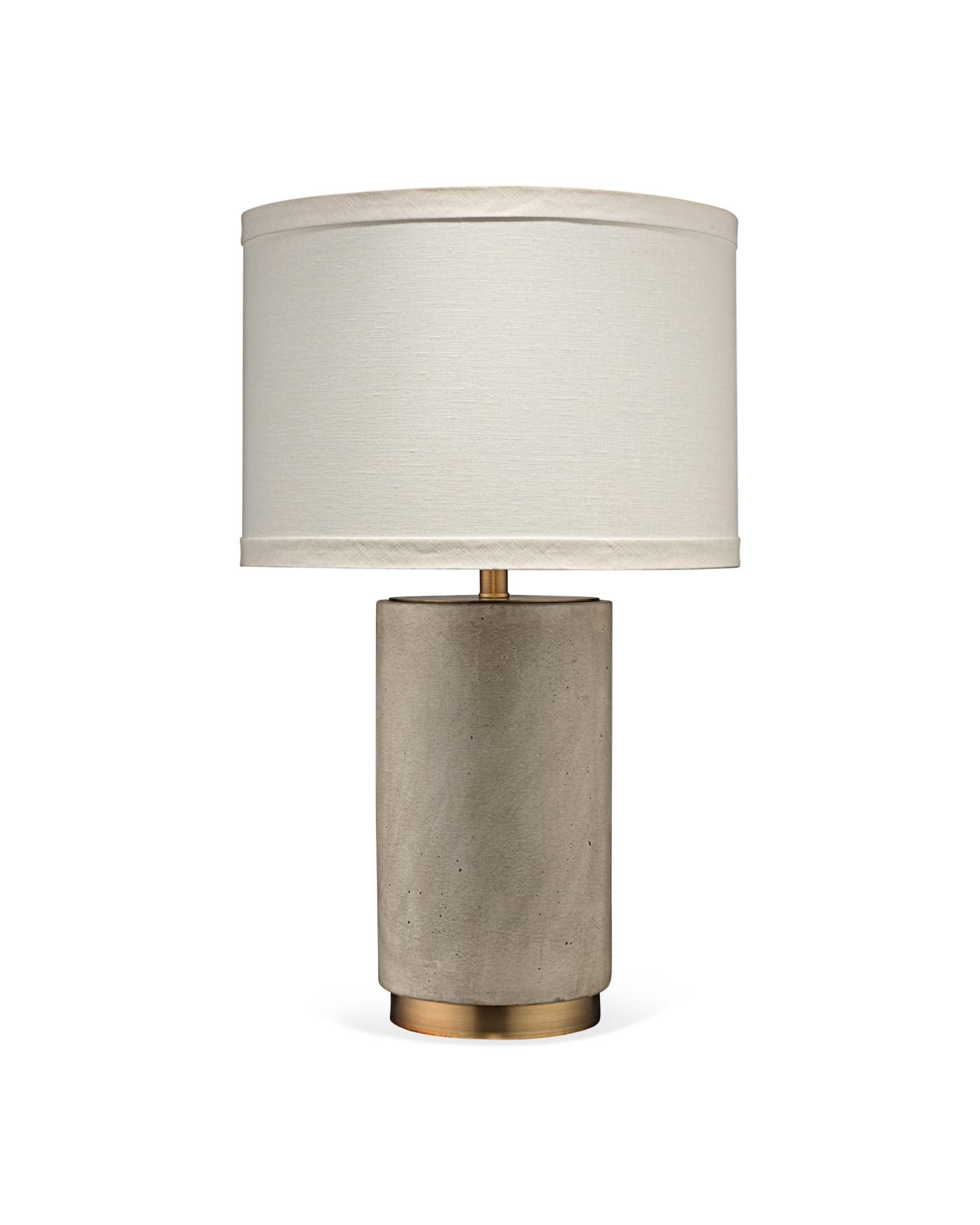 Mortar Table Lamp in Cement & Antique Brass Metal With Drum Shade in Sea Salt Linen