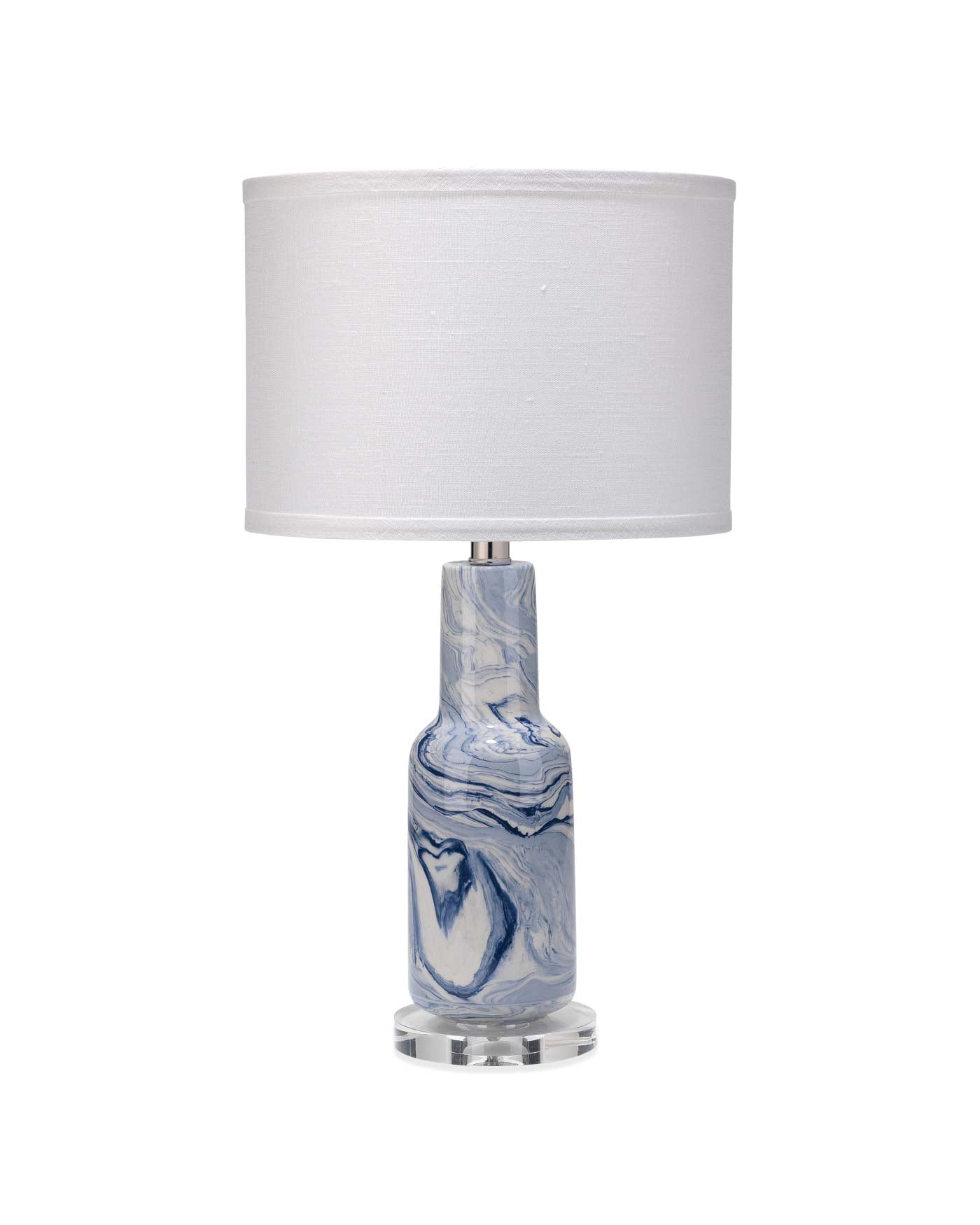 Nebula Table Lamp in Blue and White Ceramic With Small Drum Shade in White Linen