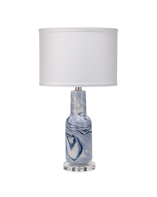 Nebula Table Lamp in Blue and White Ceramic With Small Drum Shade in White Linen