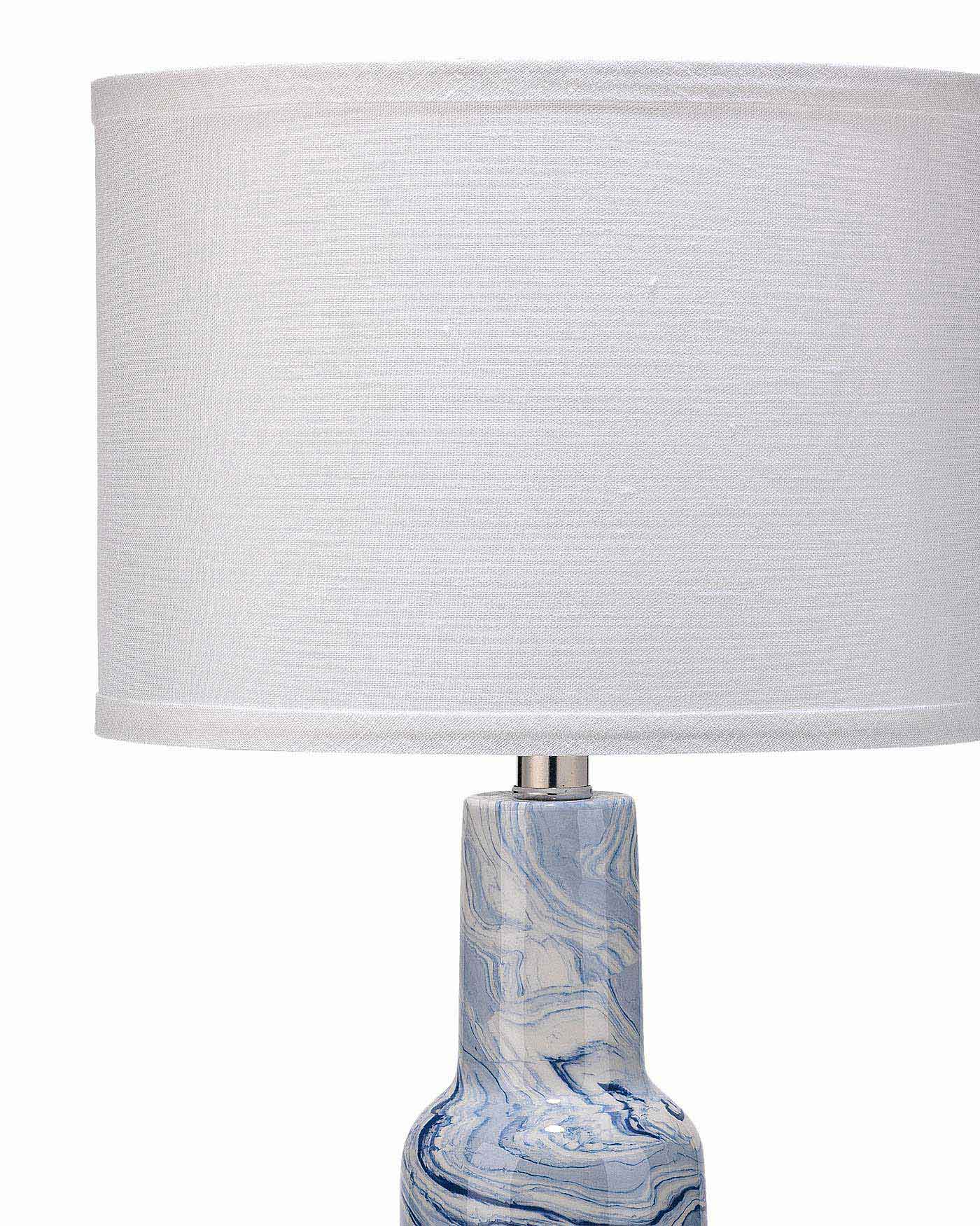 Nebula Table Lamp in Blue and White Ceramic With Small Drum Shade in White Linen