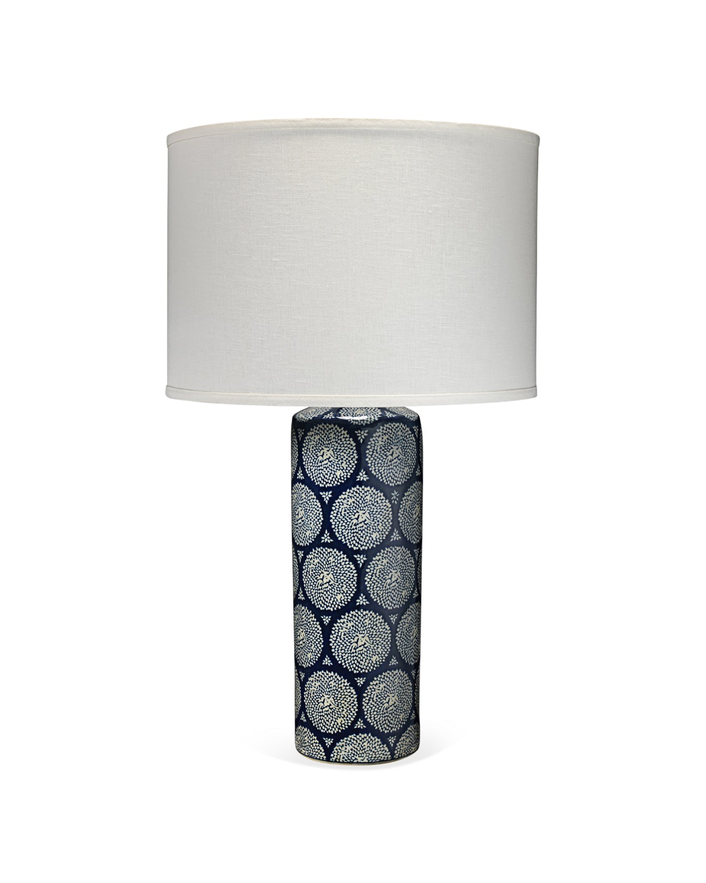 Neva Table Lamp in Blue and White Ceramic With Classic Drum Shade in White Linen