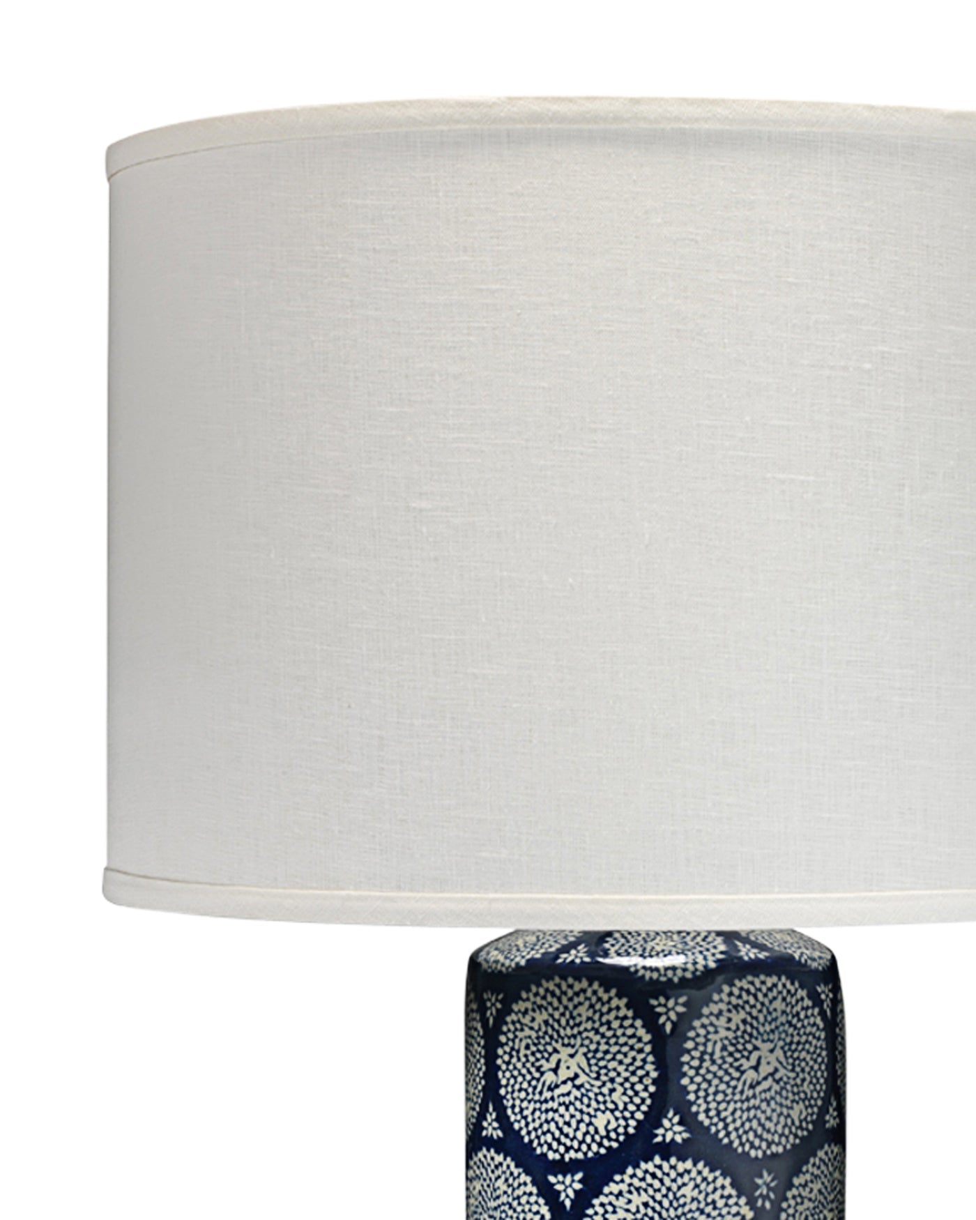 Neva Table Lamp in Blue and White Ceramic With Classic Drum Shade in White Linen