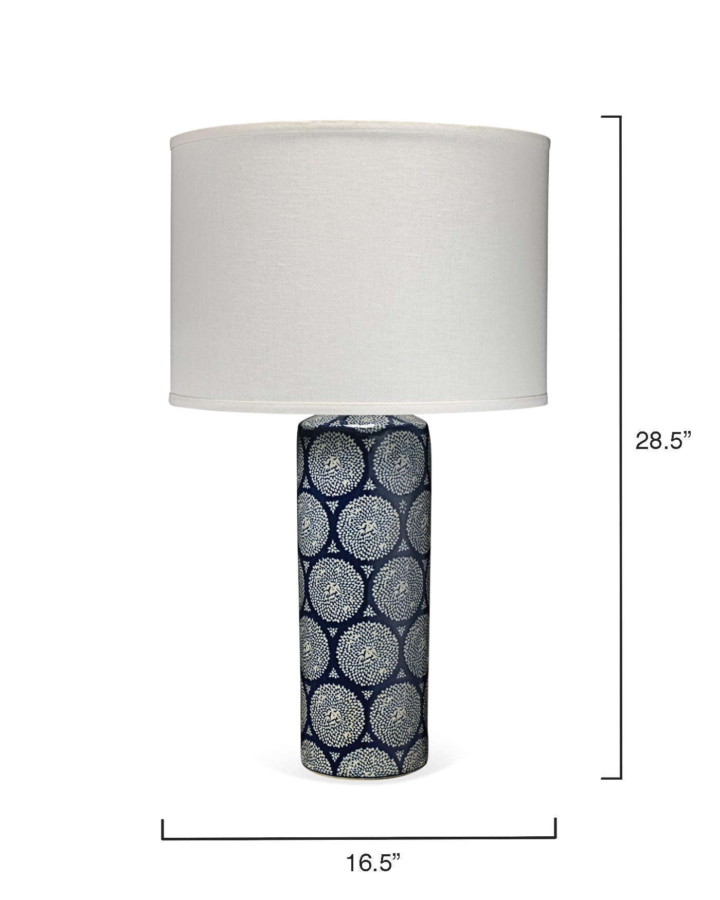 Neva Table Lamp in Blue and White Ceramic With Classic Drum Shade in White Linen