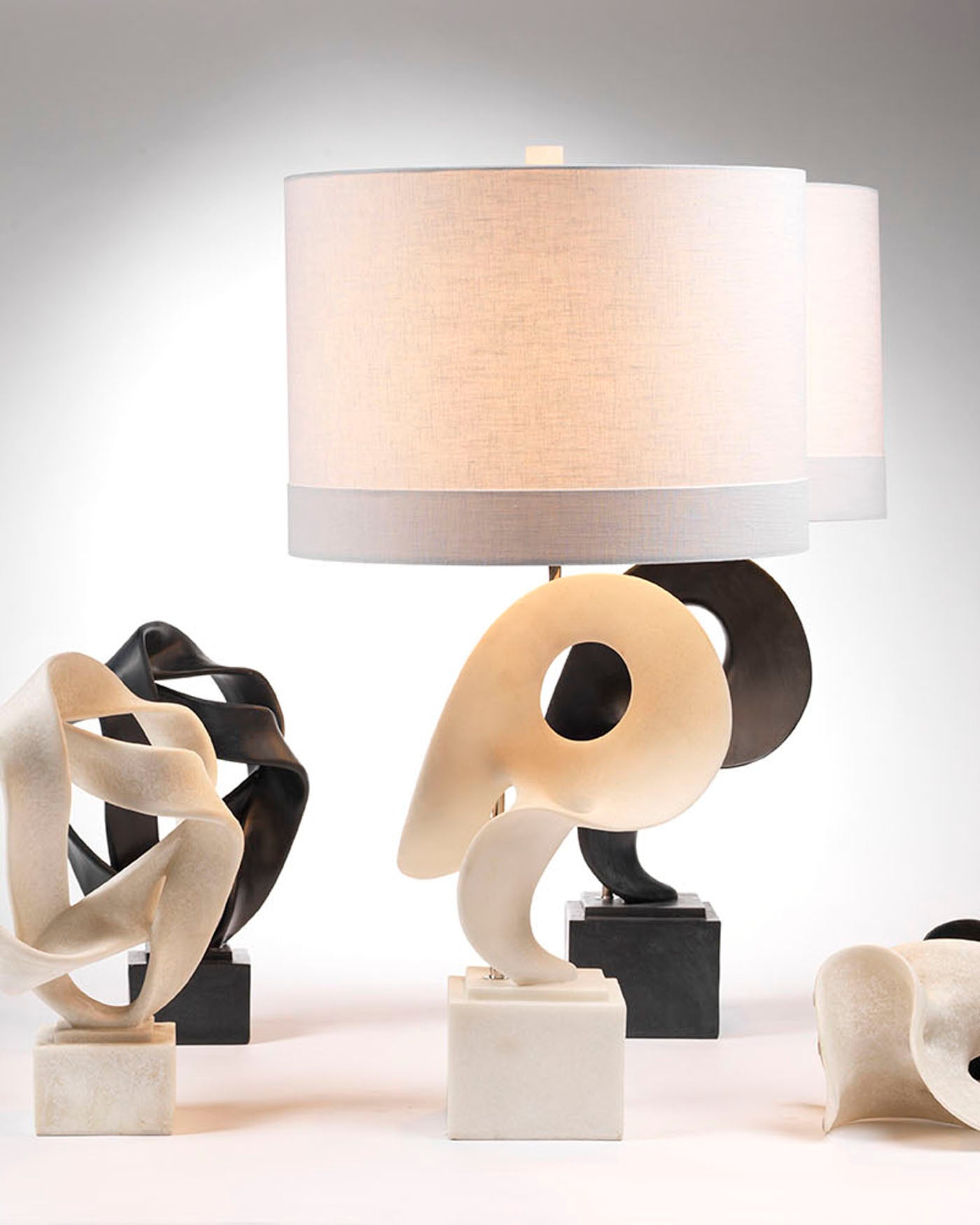 Obscure Table Lamp In Black Polyresin With Drum Shade In White Linen