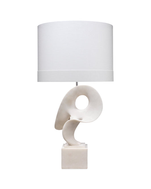 Obscure Table Lamp In White Polyresin With Drum Shade In White Linen