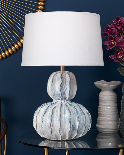 Oceane Gourd Table Lamp in White Ceramic With Cone Shade in White Linen