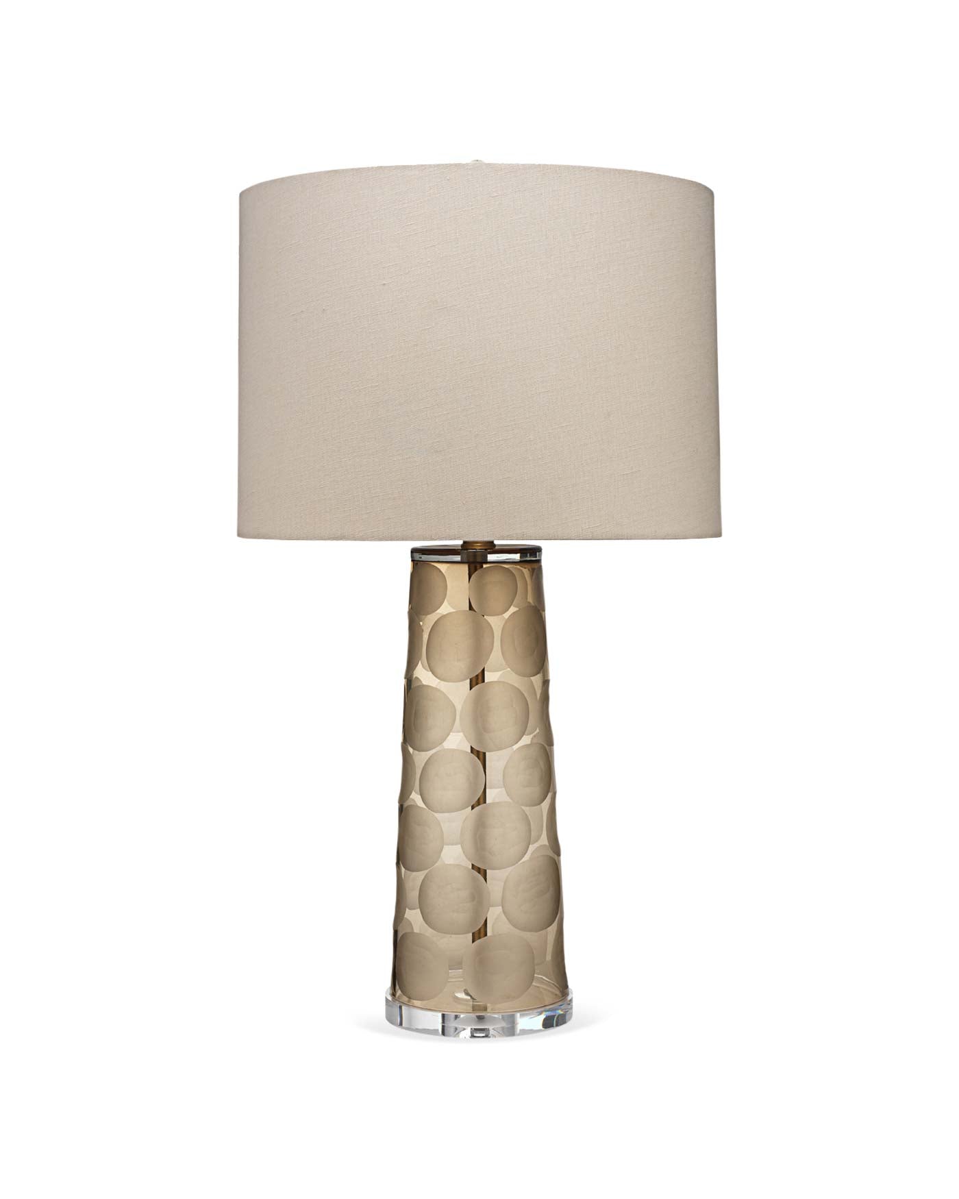 Pebble Table Lamp in Taupe Etched Glass with Drum Shade in Stone Linen