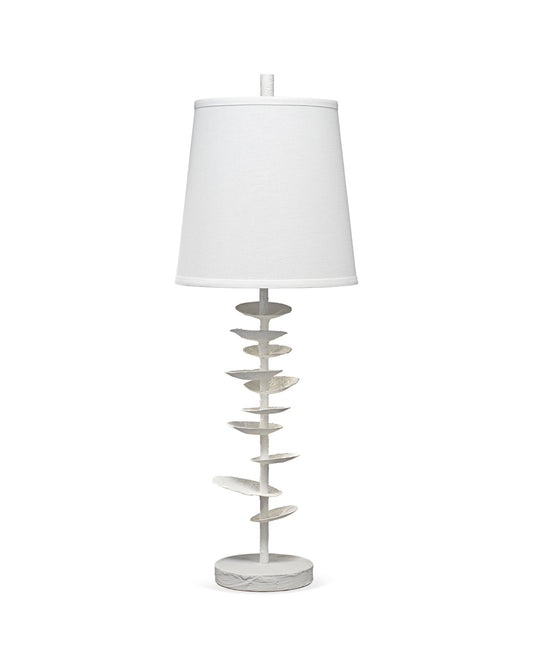 Petals Table Lamp in White Gesso with Cone Shade in Off White Linen