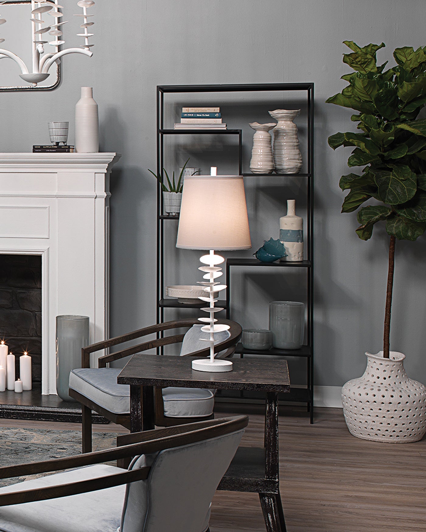 Petals Table Lamp in White Gesso with Cone Shade in Off White Linen