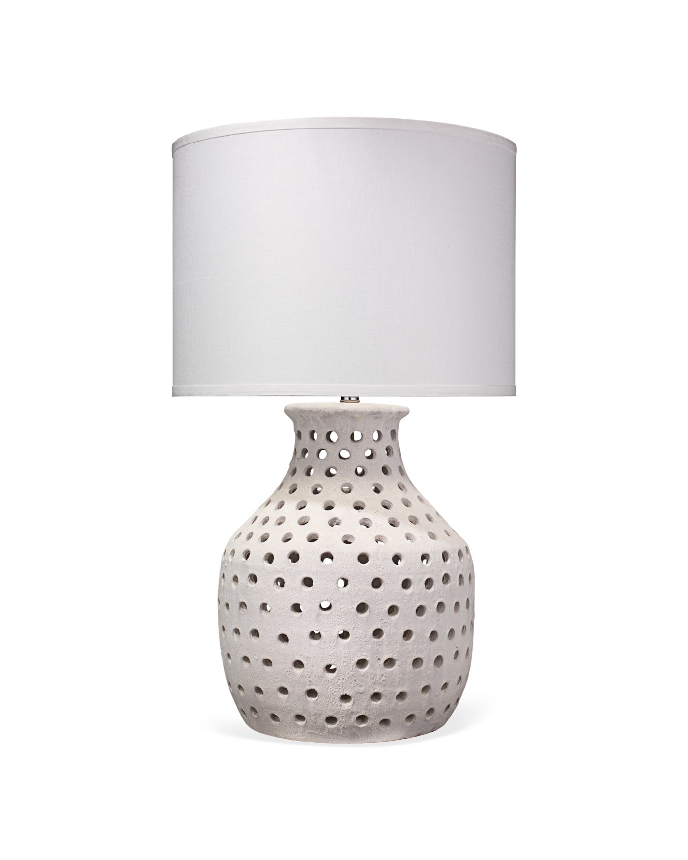 Porous Table Lamp in White Matte Ceramic With Large Drum Shade in White Linen