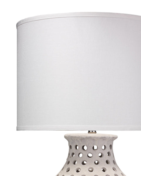 Porous Table Lamp in White Matte Ceramic With Large Drum Shade in White Linen