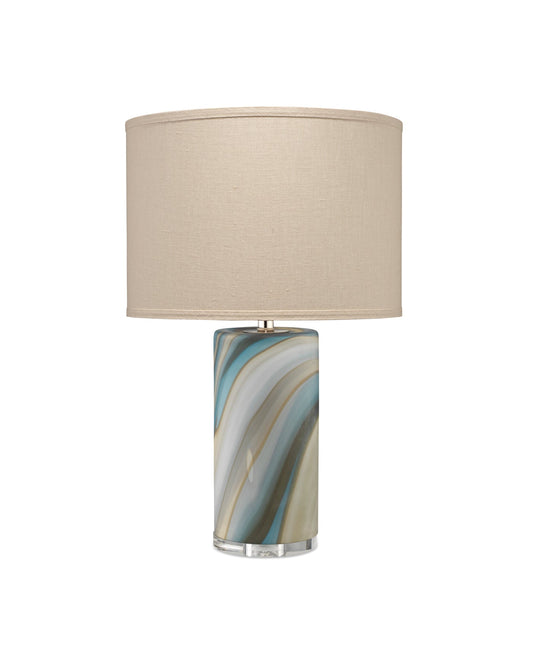 Terrene Table Lamp in Grey/Blue Swirl With Classic Drum Shade in Stone Linen