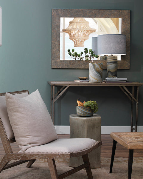 Terrene Table Lamp in Grey/Blue Swirl With Classic Drum Shade in Stone Linen