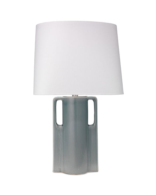 Woodstock Table Lamp in Mist Blue Glass With Oval Rectangle Shade in White Linen