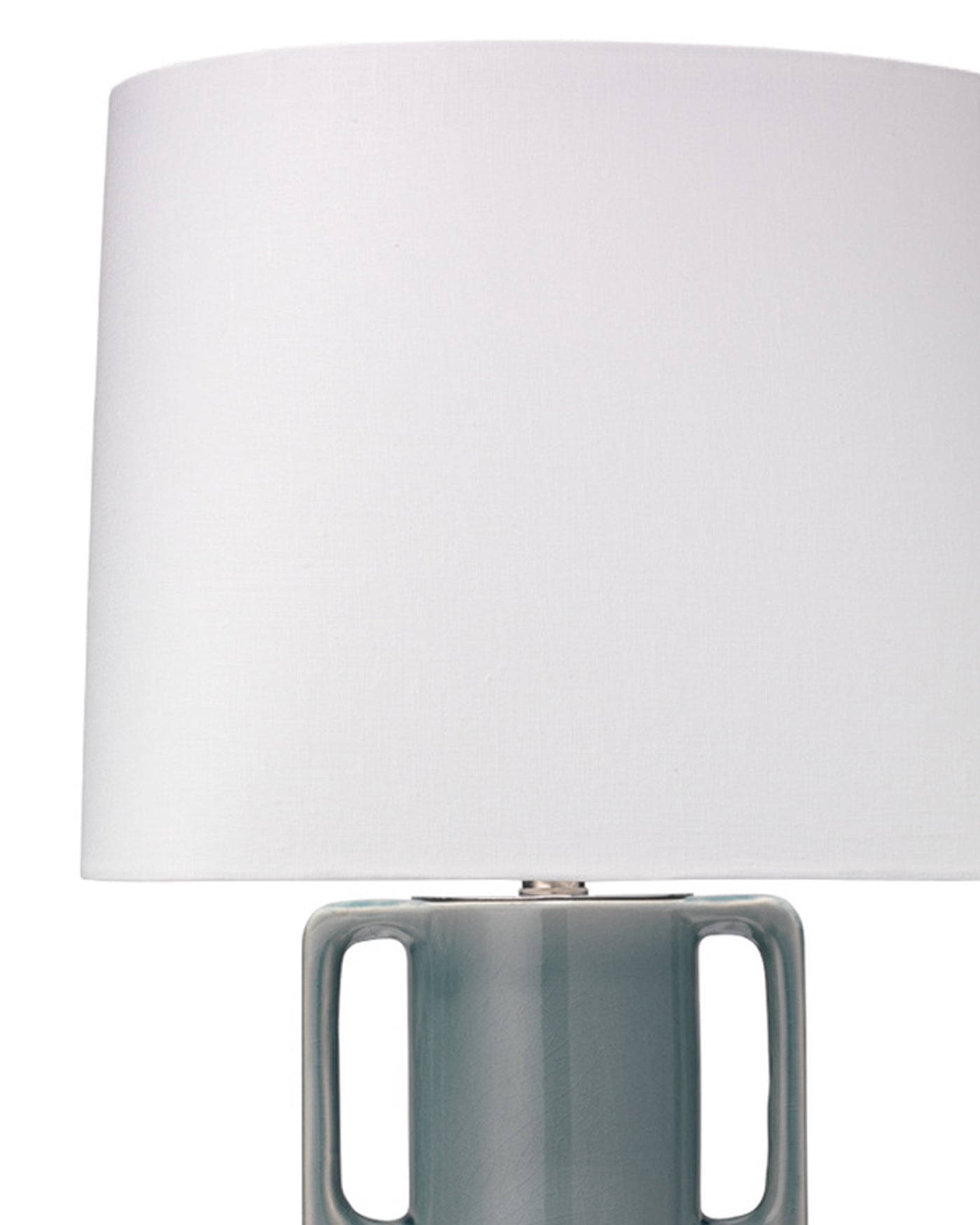 Woodstock Table Lamp in Mist Blue Glass With Oval Rectangle Shade in White Linen