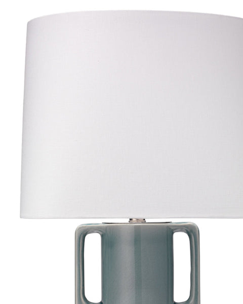 Woodstock Table Lamp in Mist Blue Glass With Oval Rectangle Shade in White Linen