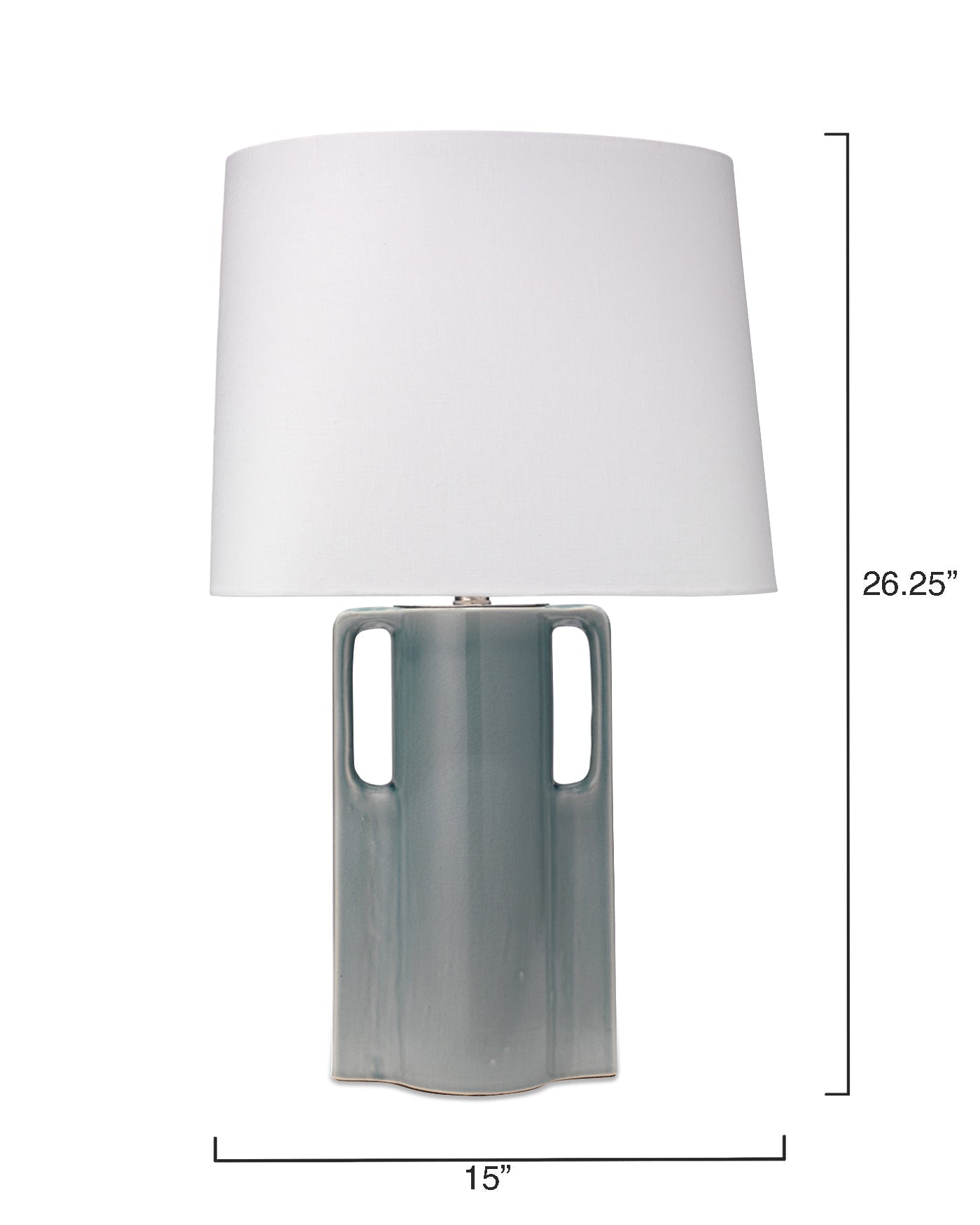 Woodstock Table Lamp in Mist Blue Glass With Oval Rectangle Shade in White Linen