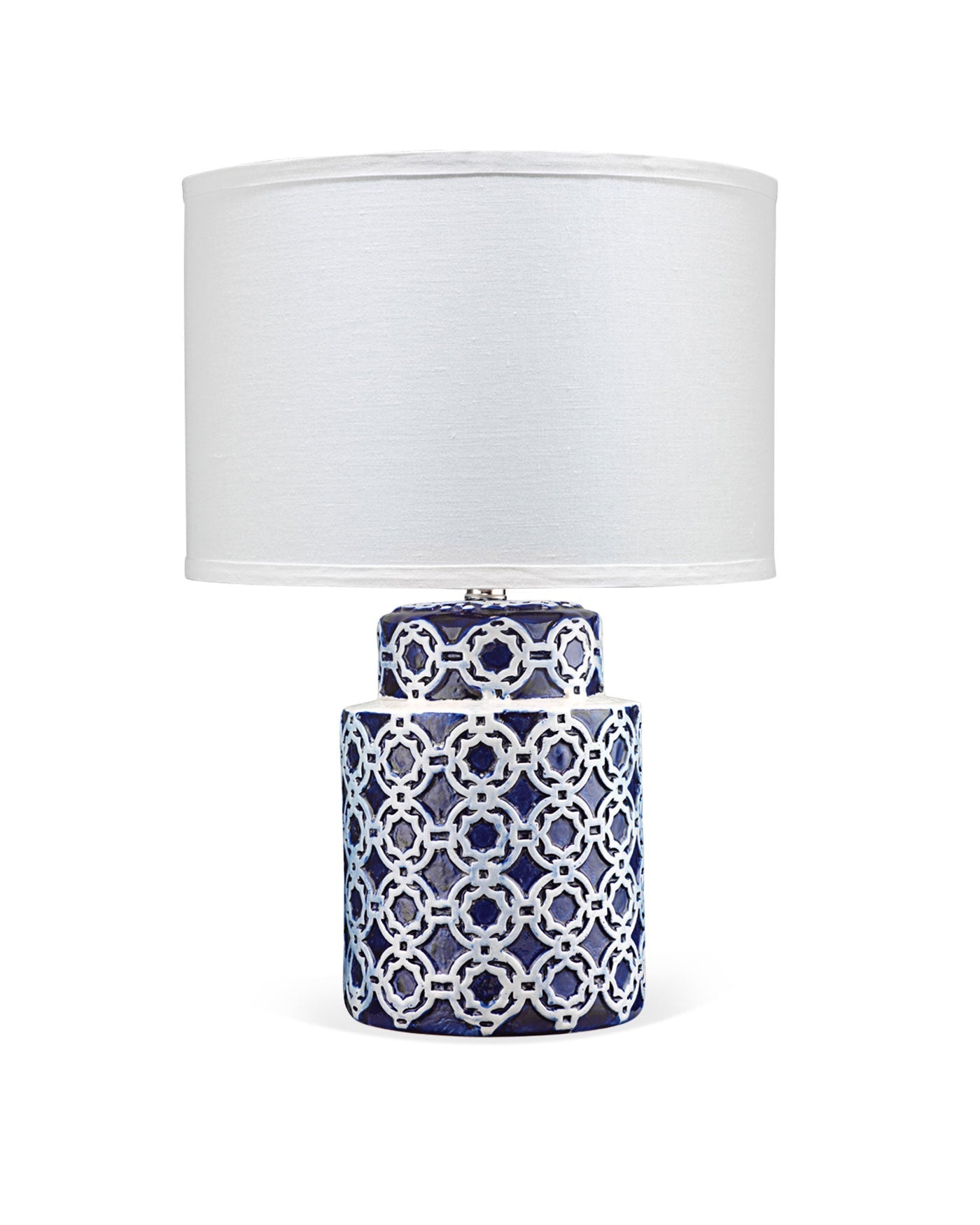 Marina Table Lamp in Blue & White Patterned Ceramic With Drum Shade in White Linen