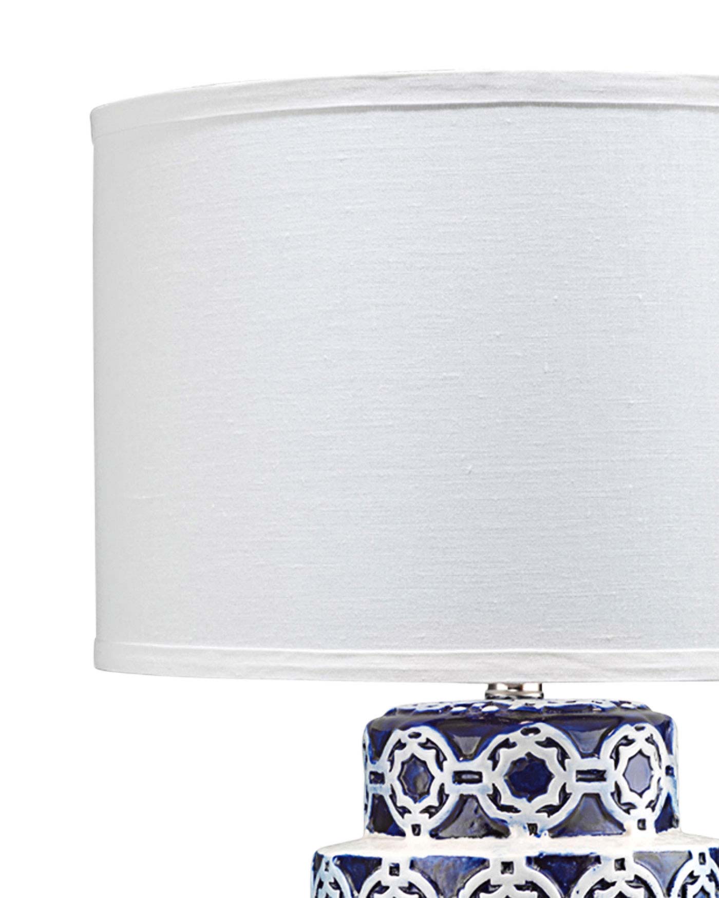 Marina Table Lamp in Blue & White Patterned Ceramic With Drum Shade in White Linen