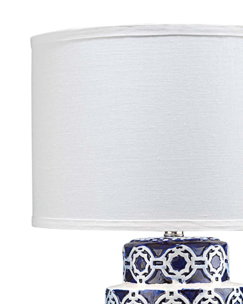 Marina Table Lamp in Blue & White Patterned Ceramic With Drum Shade in White Linen