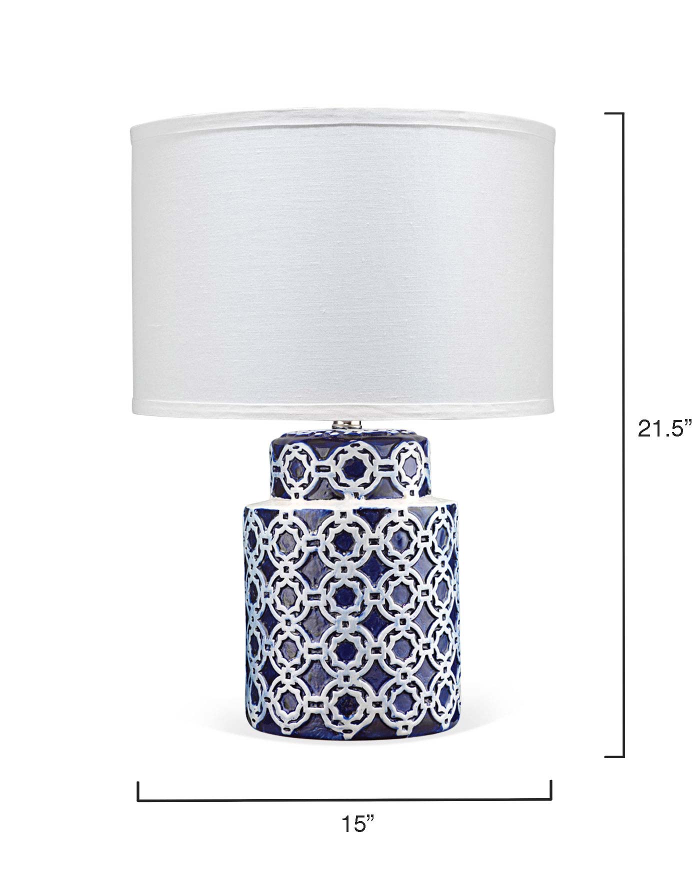 Marina Table Lamp in Blue & White Patterned Ceramic With Drum Shade in White Linen