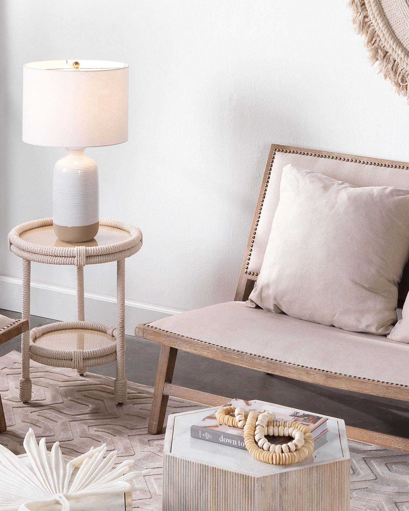 Ashwell Table Lamp in Off-White/Natural Glaze Ceramic With Drum Shade in Cream Linen