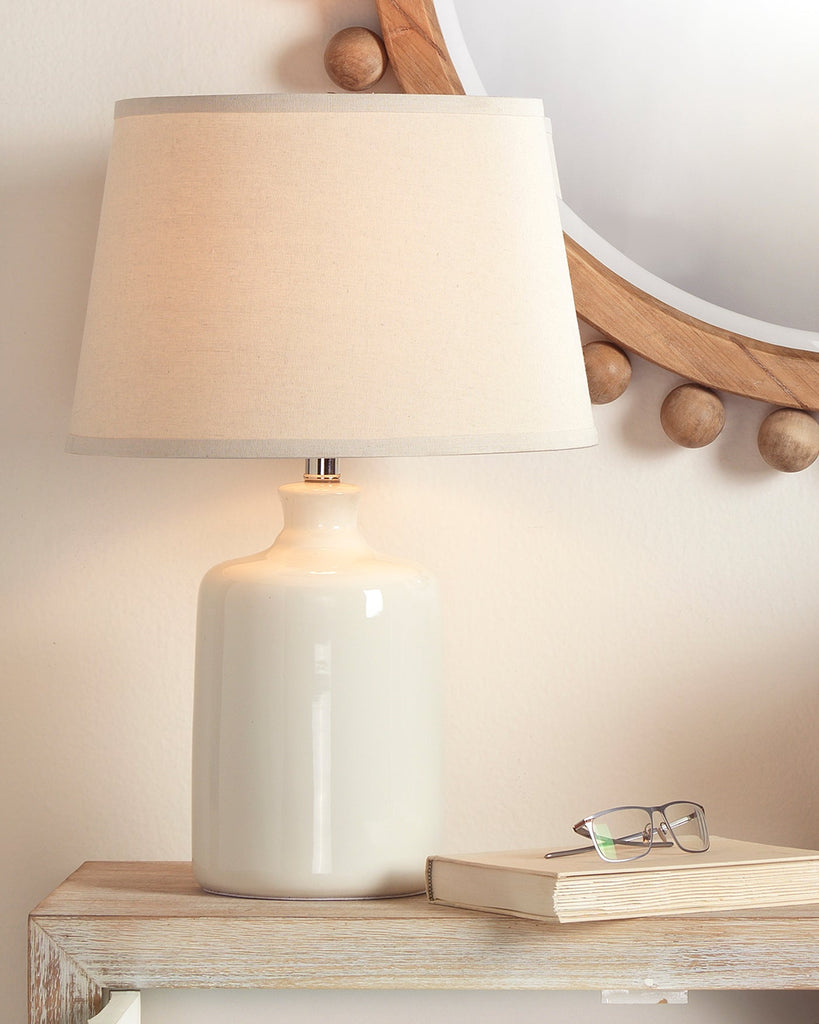 Milk Jug Table Lamp in Cream Glass With Cone Shade in Pebble Linen