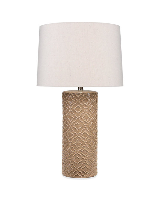 Albi Table Lamp in Oatmeal Patterned Ceramic With Tapered Shade in Taupe Linen