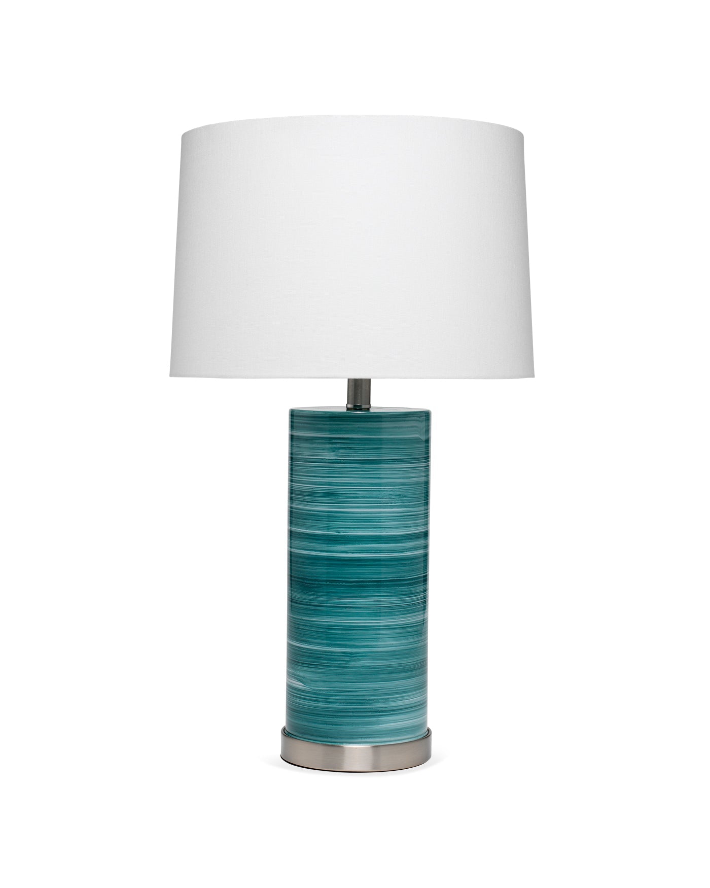 Casey Table Lamp in Turquoise & White Swirl Glass With Tapered Shade in Off White Linen