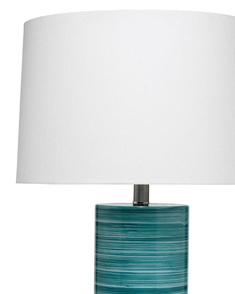 Casey Table Lamp in Turquoise & White Swirl Glass With Tapered Shade in Off White Linen