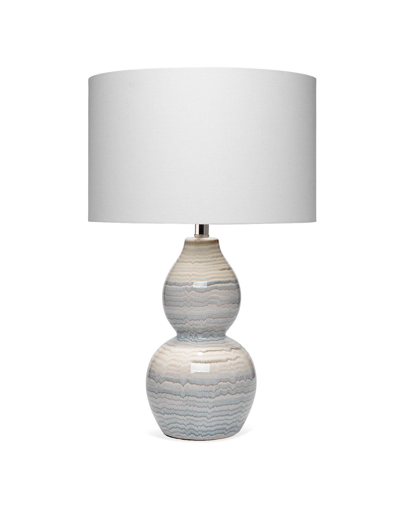 Catalina Wave Table Lamp in White & Blue Patterned Ceramic With Drum Shade in Cream Linen