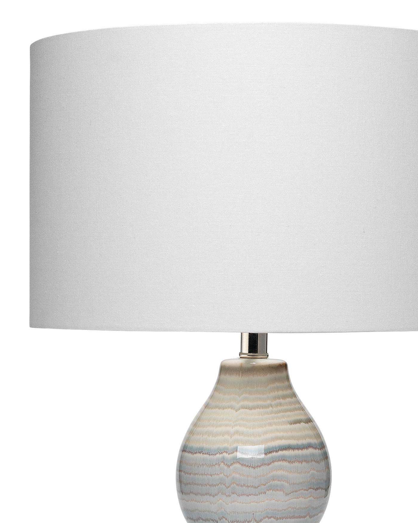 Catalina Wave Table Lamp in White & Blue Patterned Ceramic With Drum Shade in Cream Linen