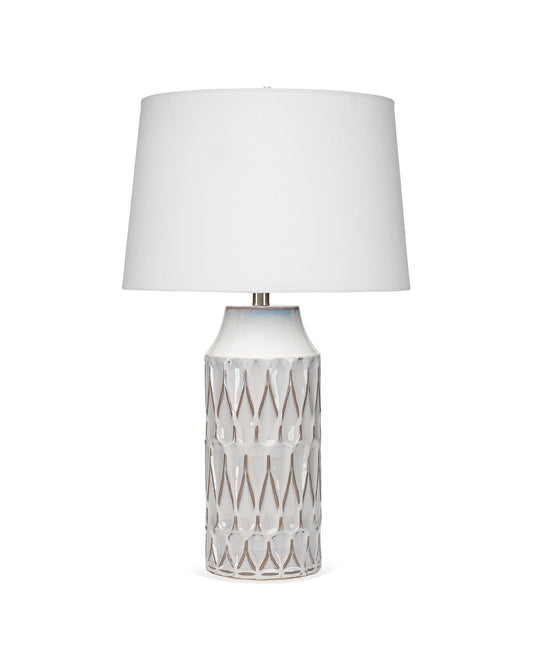 Dalia Table Lamp in White Patterned Ceramic With Tapered Shade in Off White Linen