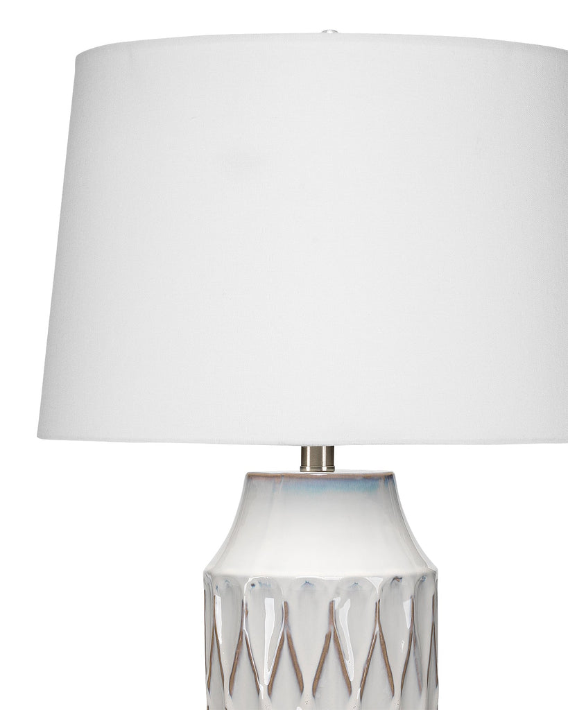 Dalia Table Lamp in White Patterned Ceramic With Tapered Shade in Off White Linen