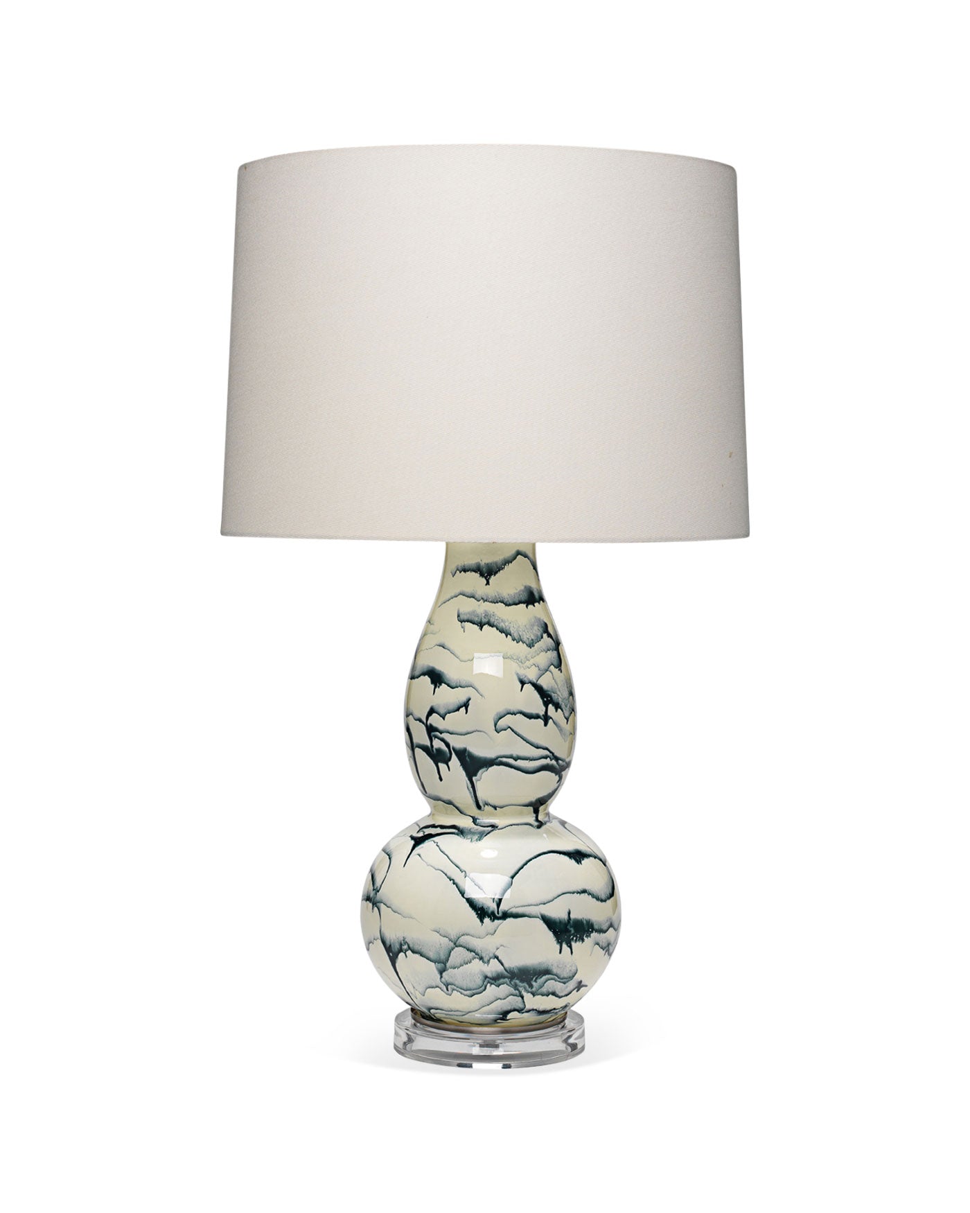 Elodie Table Lamp in White & Blue Swirl With Tapered Shade in Cream Linen