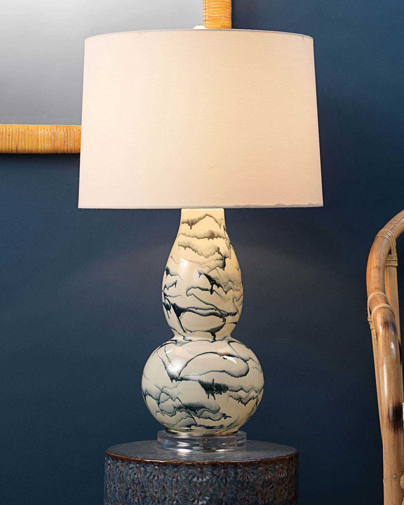 Elodie Table Lamp in White & Blue Swirl With Tapered Shade in Cream Linen