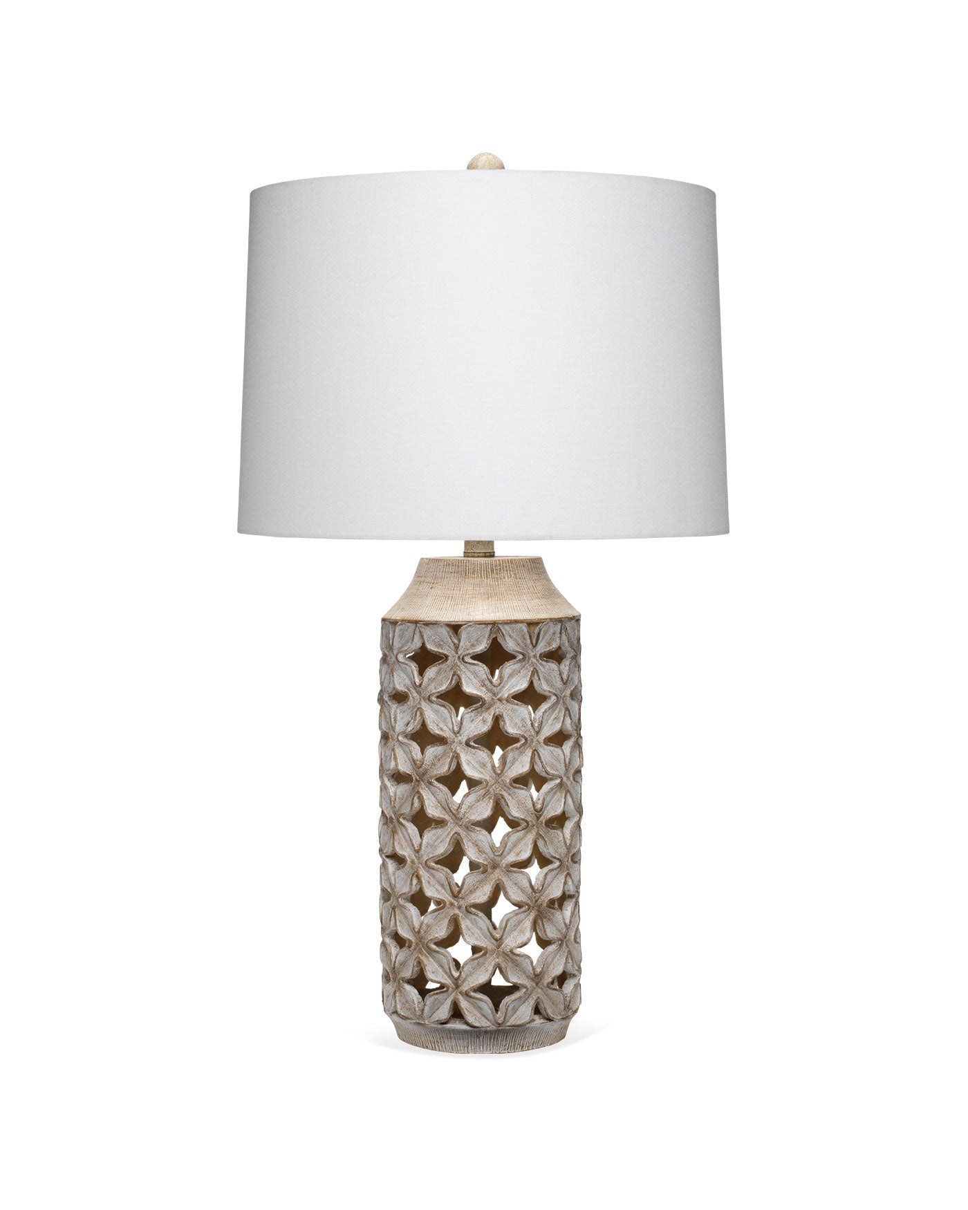 Flora Table Lamp in White Washed Resin With Tapered Shade in Off White Linen