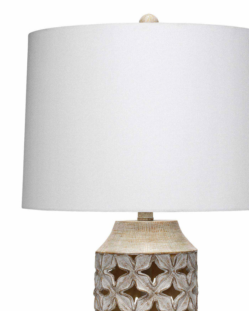 Flora Table Lamp in White Washed Resin With Tapered Shade in Off White Linen