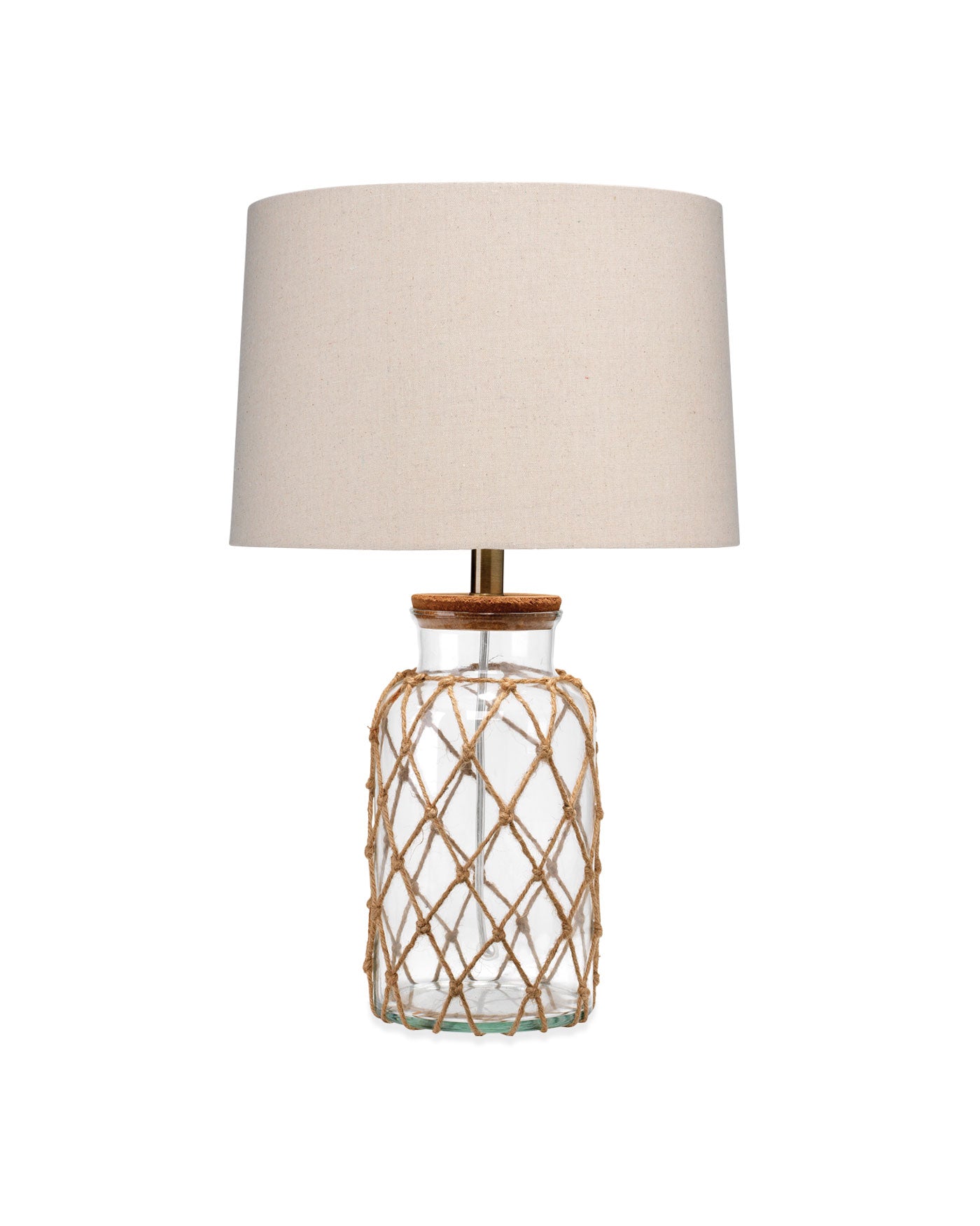 Hugo Table Lamp in Natural Rope & Clear Glass With Tapered Shade in Taupe Linen