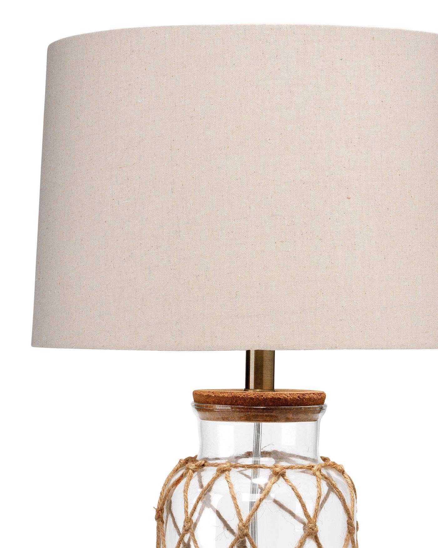 Hugo Table Lamp in Natural Rope & Clear Glass With Tapered Shade in Taupe Linen