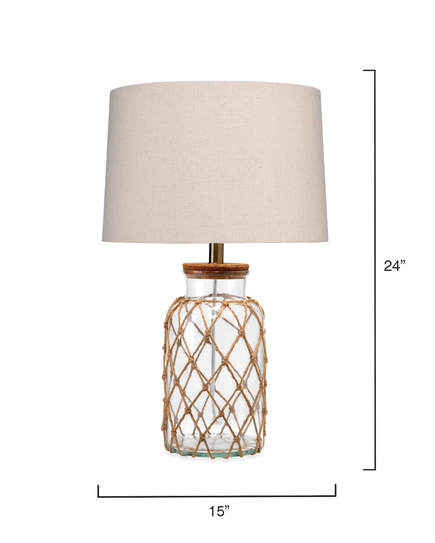 Hugo Table Lamp in Natural Rope & Clear Glass With Tapered Shade in Taupe Linen