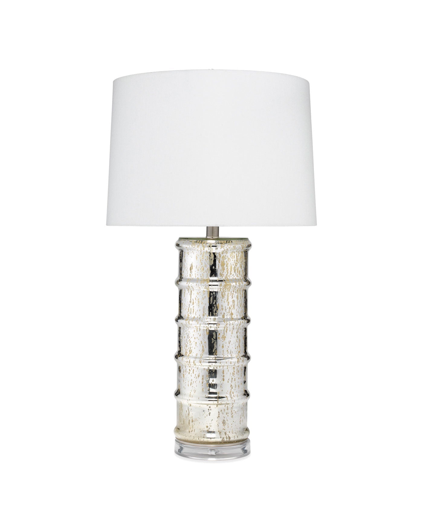 Irene Table Lamp in Silver Mercury Glass With Tapered Shade in Off White Linen